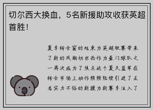 切尔西大换血，5名新援助攻收获英超首胜！