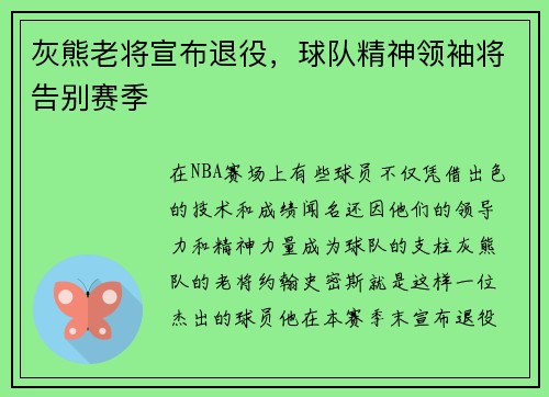 灰熊老将宣布退役，球队精神领袖将告别赛季